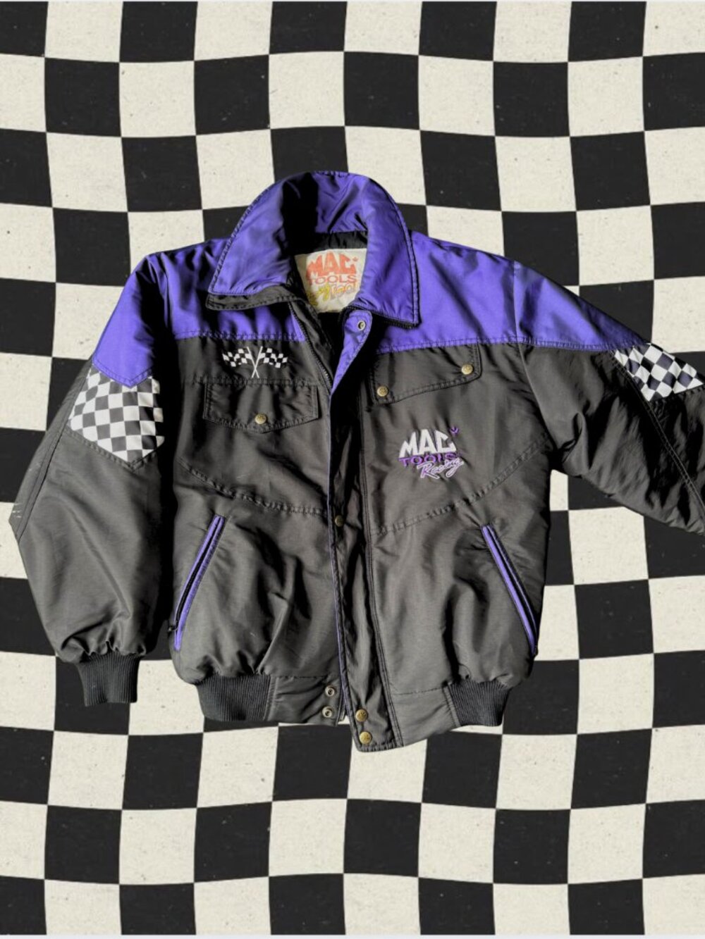 Vintage MAC Tools Racing Jacket Y2K Black Purple Checkered Bomber Oversized